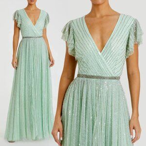 Mac Duggal 5502 Size 16 Light Green Sequined Ruffled‎ Cap Sleeve Gown Maxi Dress